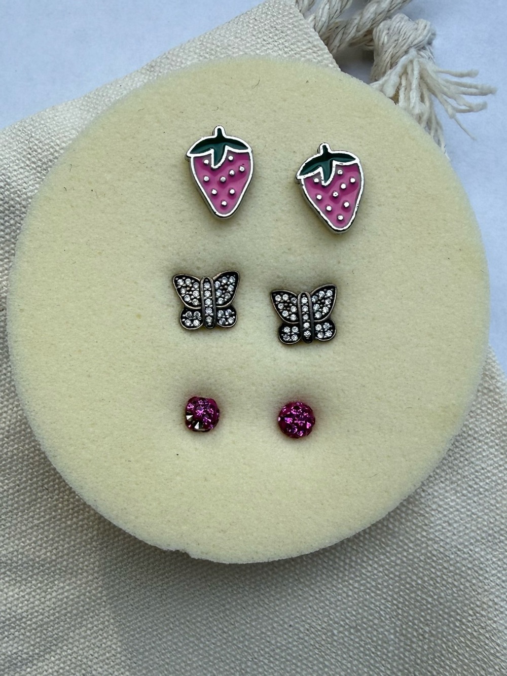 3 Pack Pink and Silver Stud Earrings Strawberry, Butterfly, and Ball